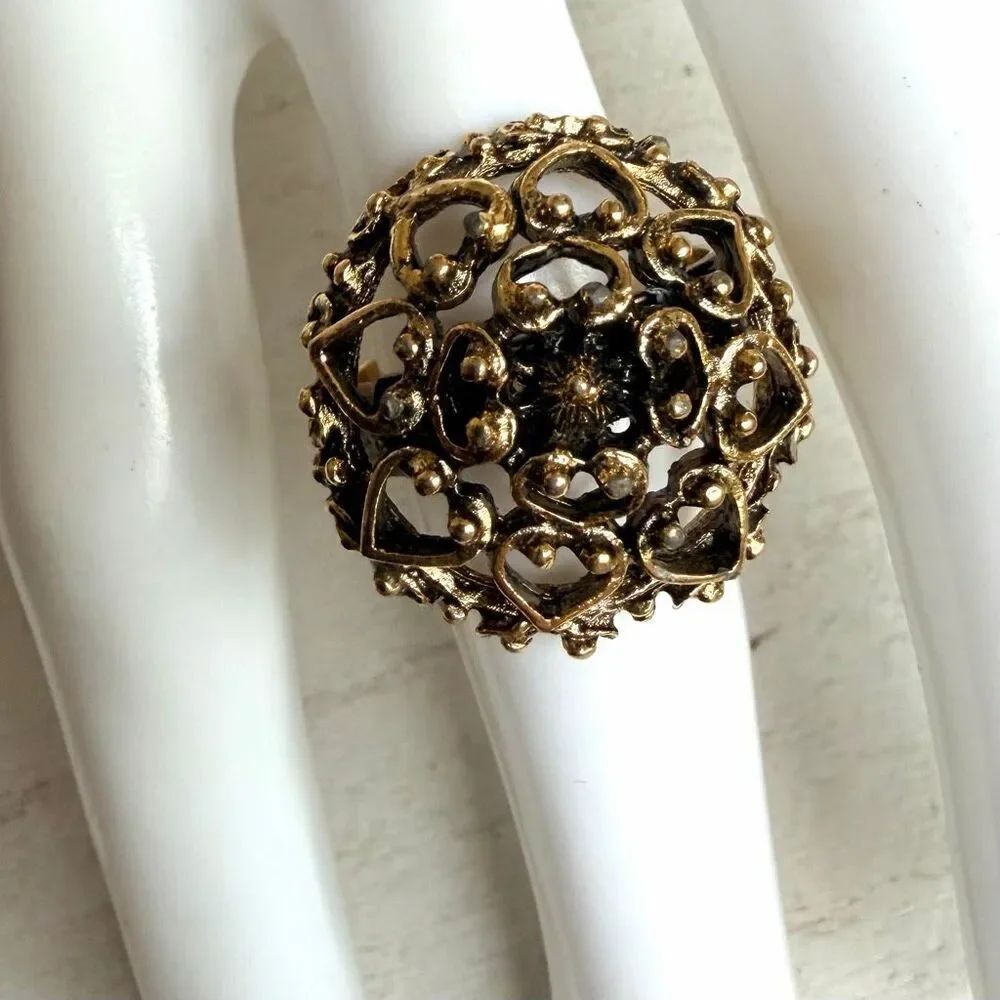 Vintage Gold Tone Heart Cluster Ring Adjustable Openwork Dome Statement Ring